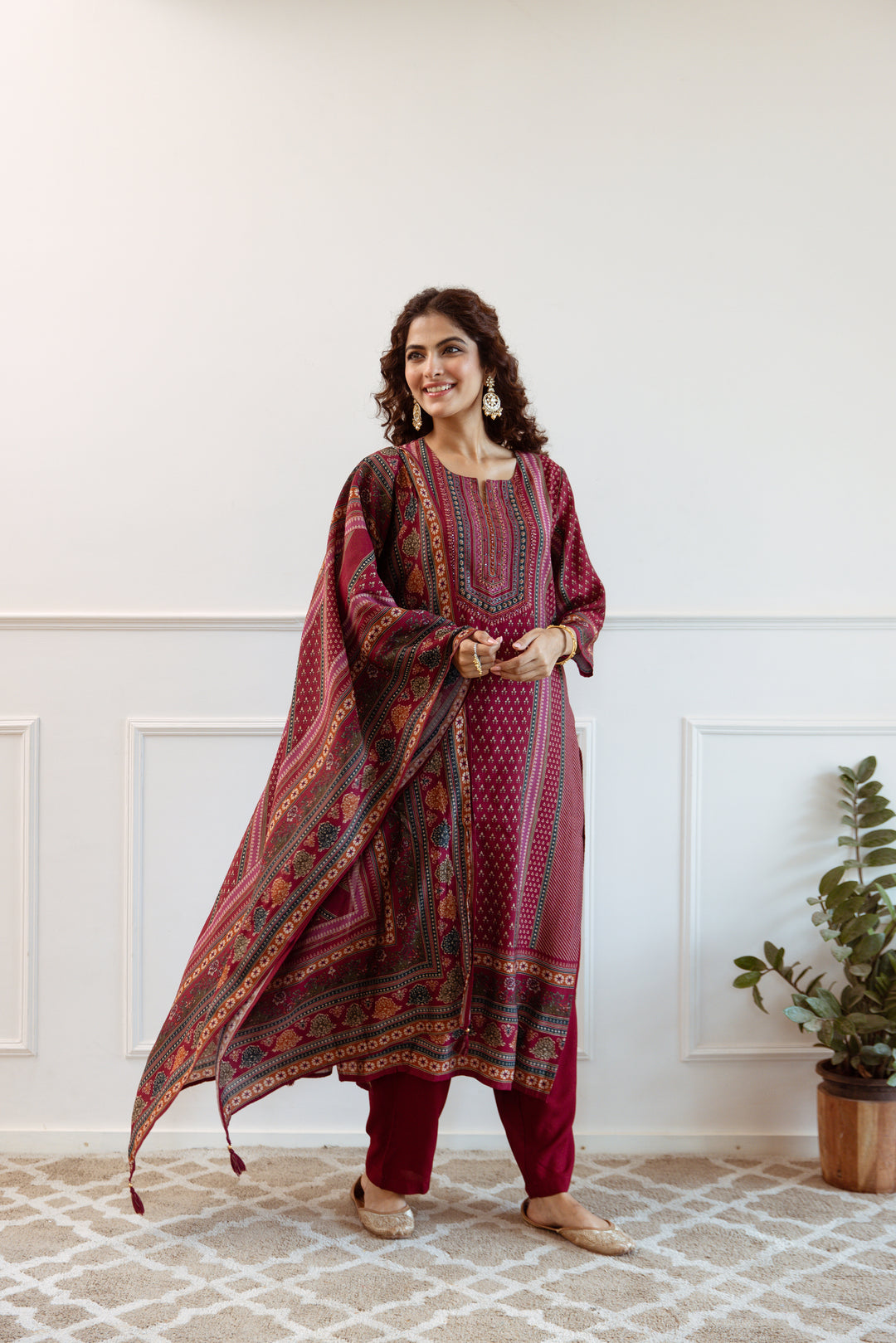 womens Maroon Modal Muslin Kurta Pant and Dupatta Set