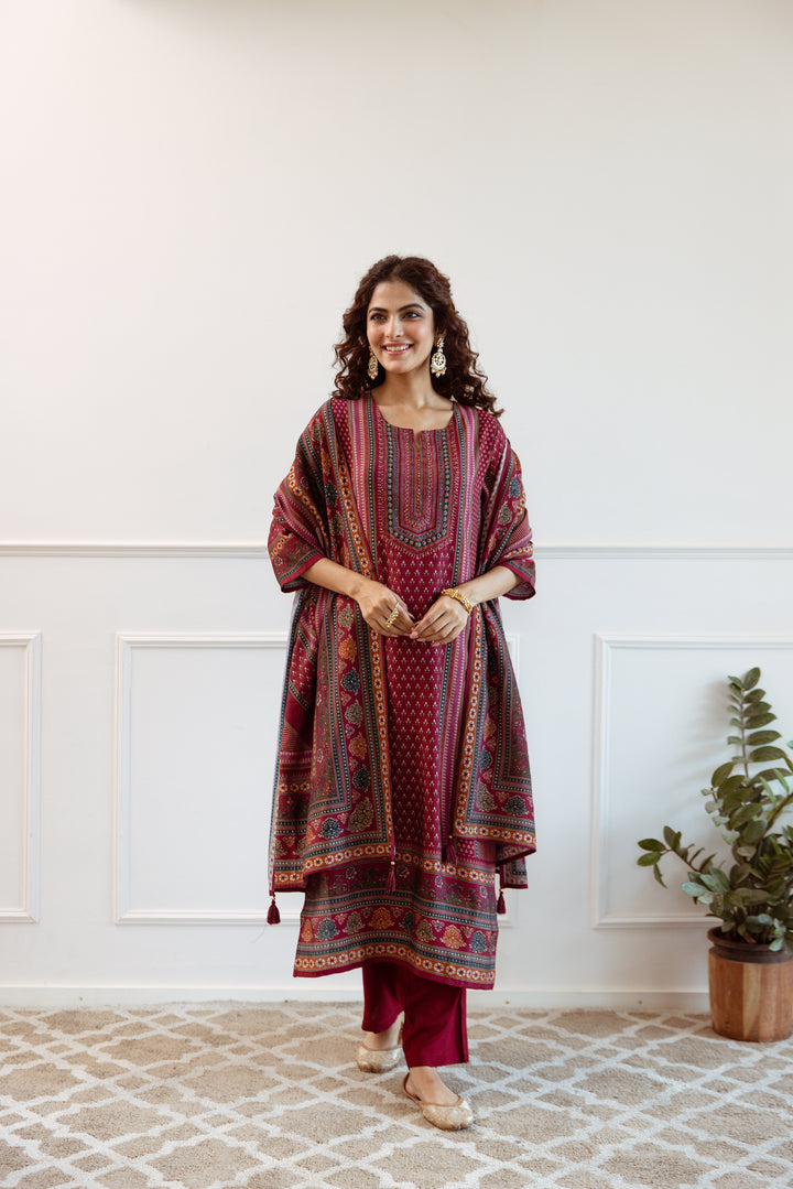 womens Maroon Modal Muslin Kurta Pant and Dupatta Set