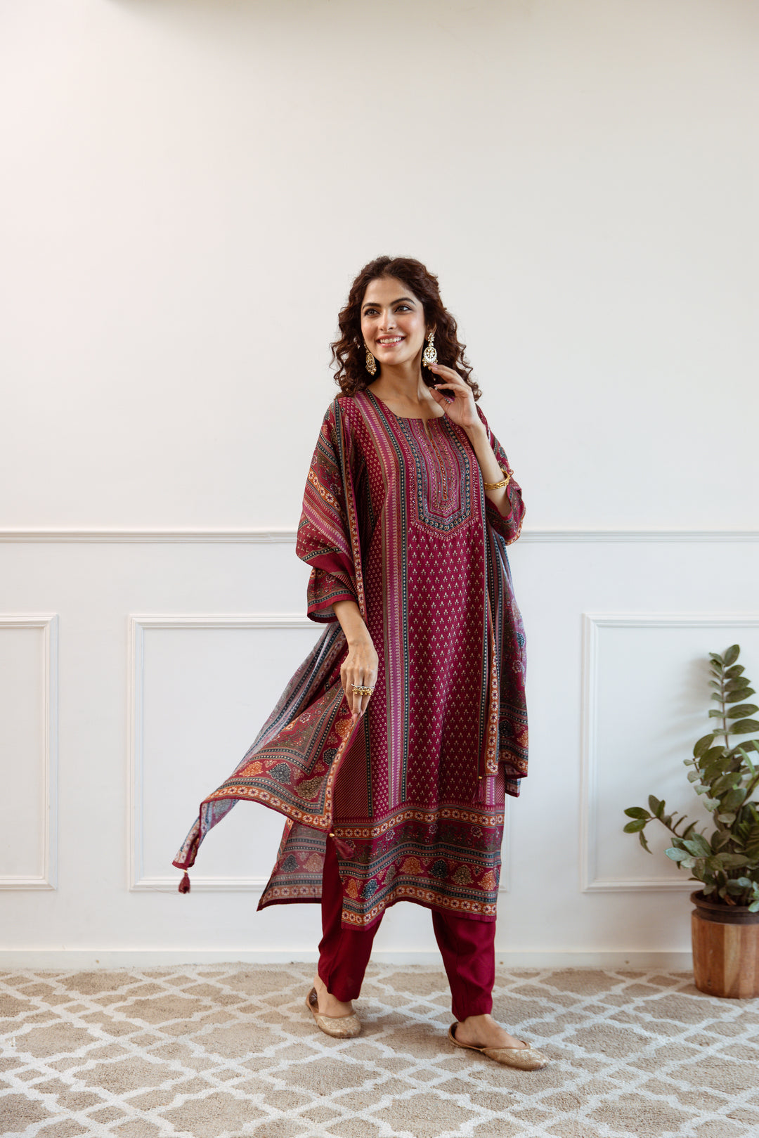 womens Maroon Modal Muslin Kurta Pant and Dupatta Set