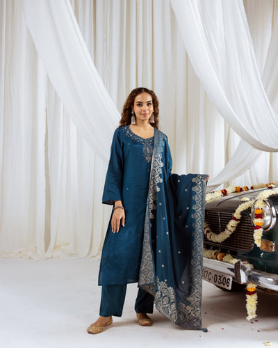 Navy Teal Dolla Silk Kurta Pant and Dupatta Set