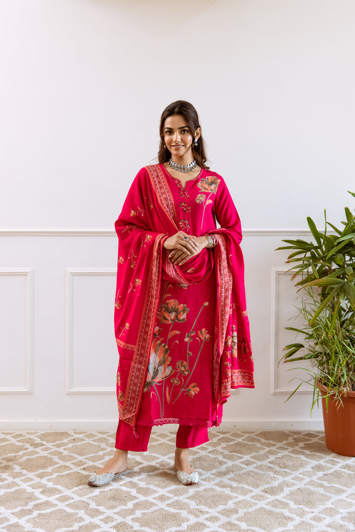 womens Pink Modal Muslin Kurta Pant and Dupatta Set