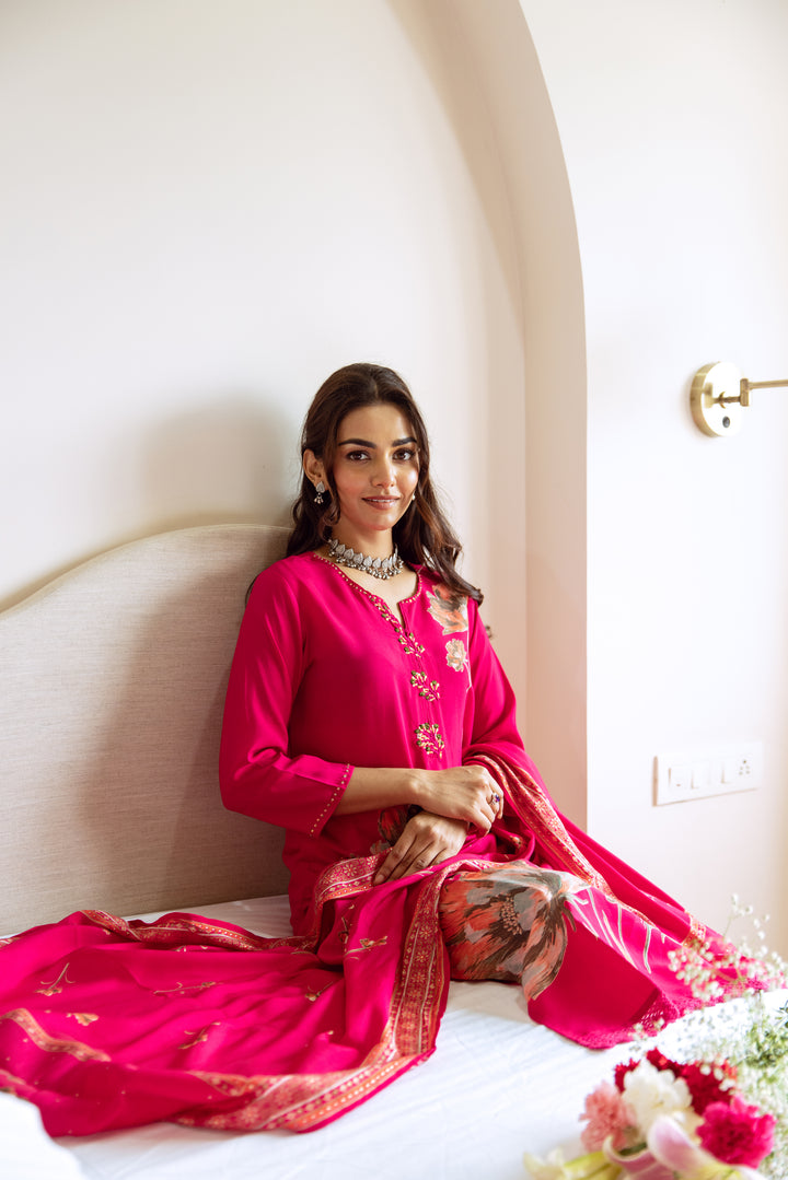 womens Pink Modal Muslin Kurta Pant and Dupatta Set