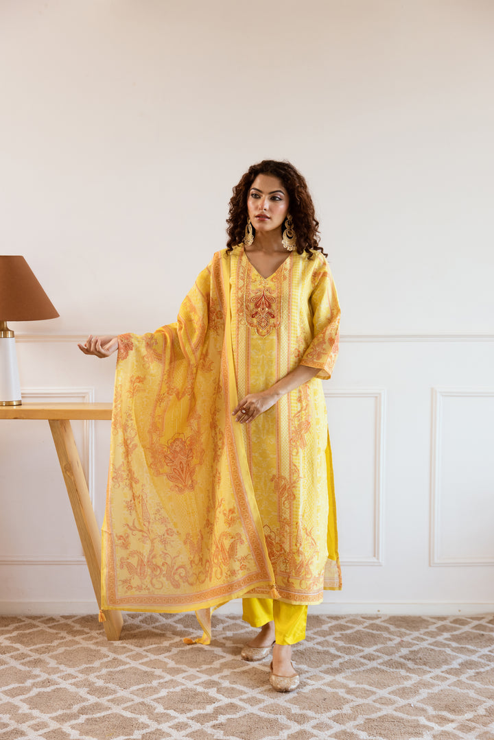 womens Yellow Modal Shimmer Kurta Pant and Dupatta Set