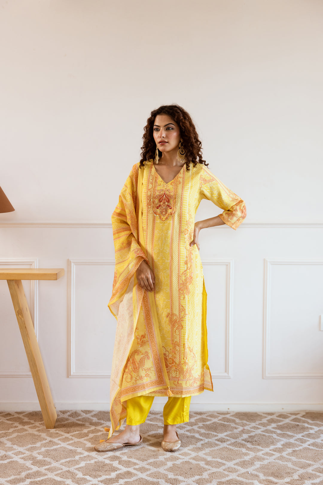 womens Yellow Modal Shimmer Kurta Pant and Dupatta Set