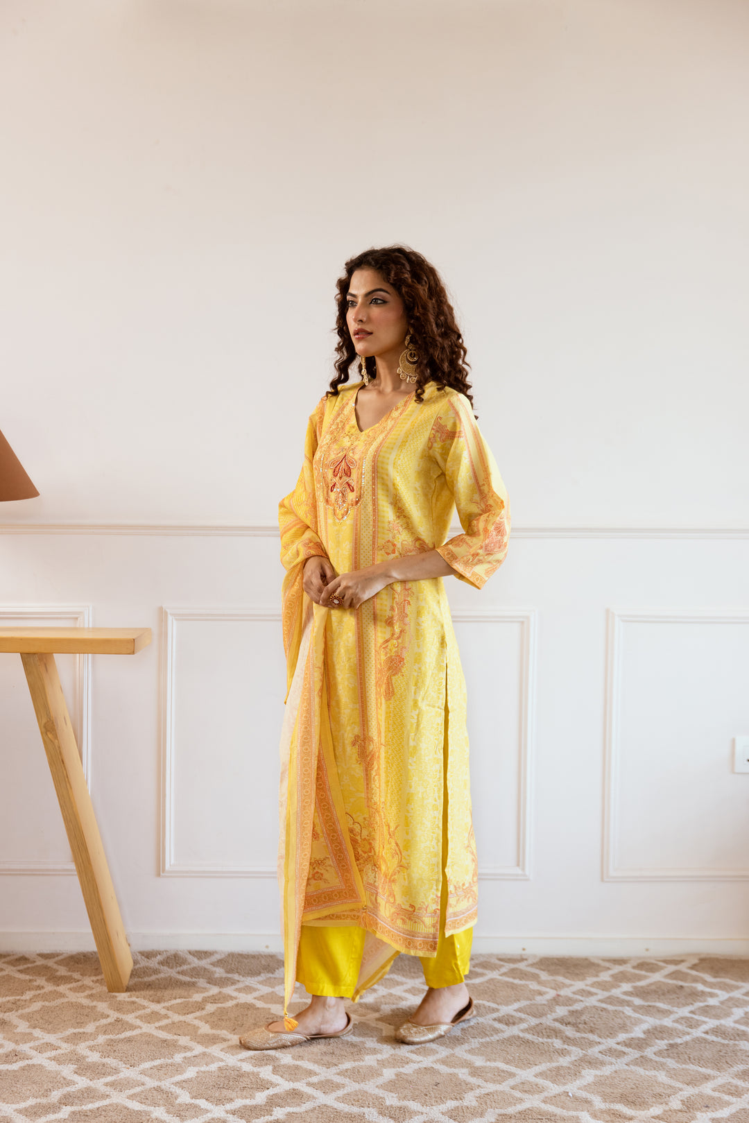 womens Yellow Modal Shimmer Kurta Pant and Dupatta Set