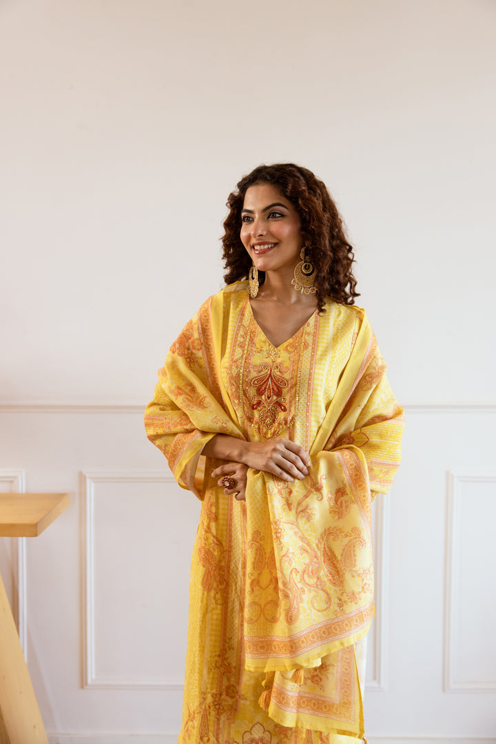 womens Yellow Modal Shimmer Kurta Pant and Dupatta Set