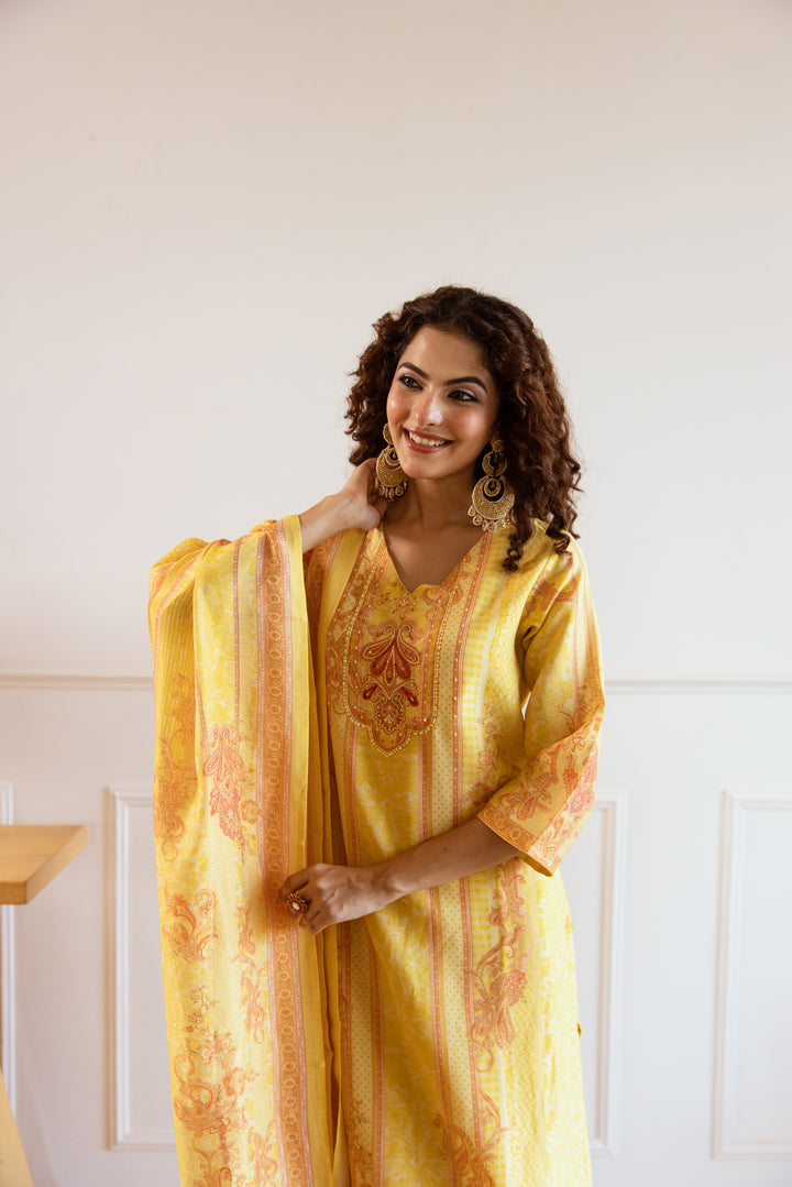 womens Yellow Modal Shimmer Kurta Pant and Dupatta Set