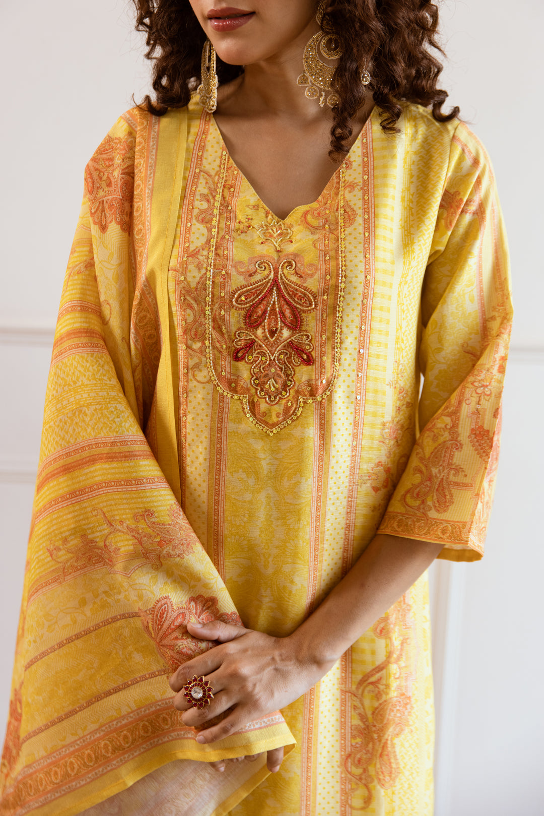 womens Yellow Modal Shimmer Kurta Pant and Dupatta Set