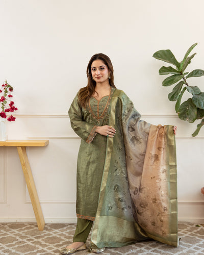 Green Tissue Simmer Kurta Pant and Dupatta Set