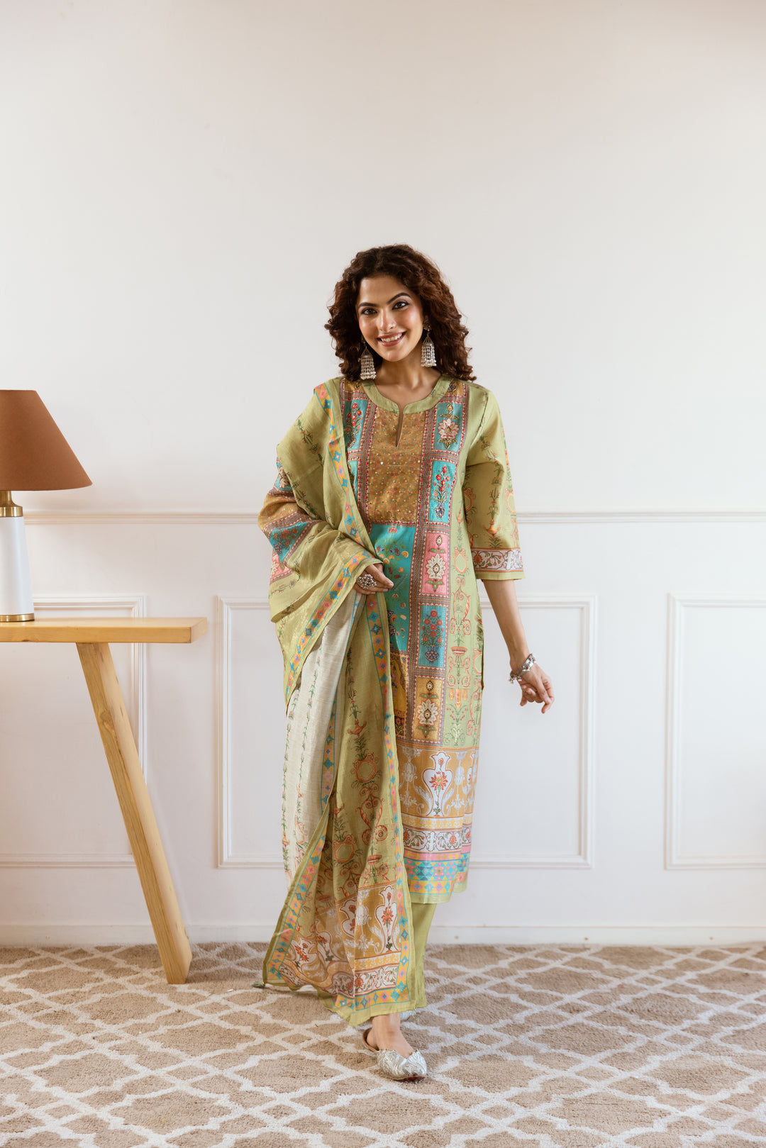 Women's Green Modal Tissue Kurta Pant and Dupatta Set