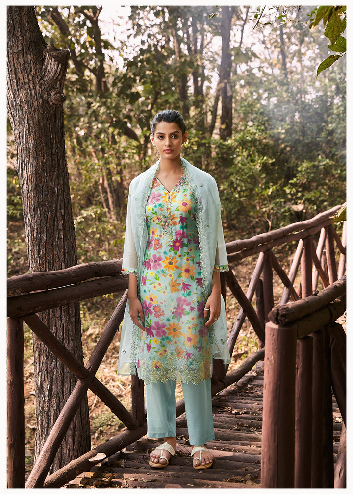 womens Pista Green Viscous Muslin::Organza Kurta, Pant & Dupatta Set