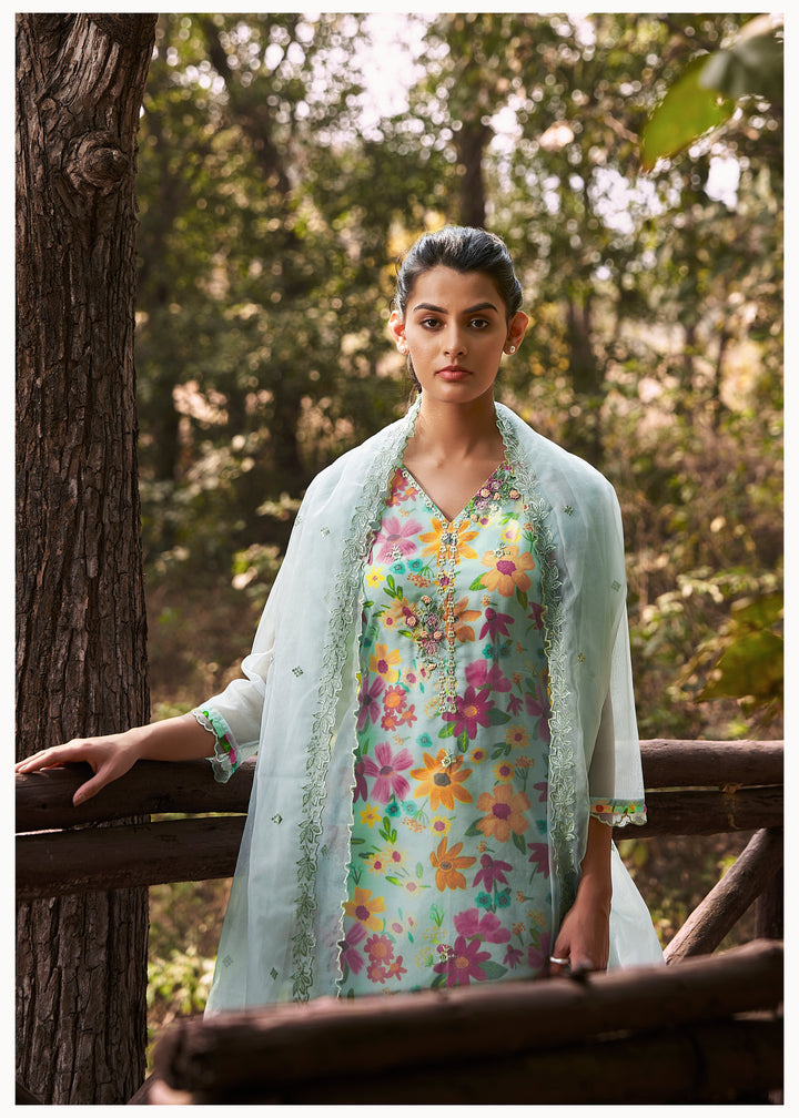 womens Pista Green Viscous Muslin::Organza Kurta, Pant & Dupatta Set