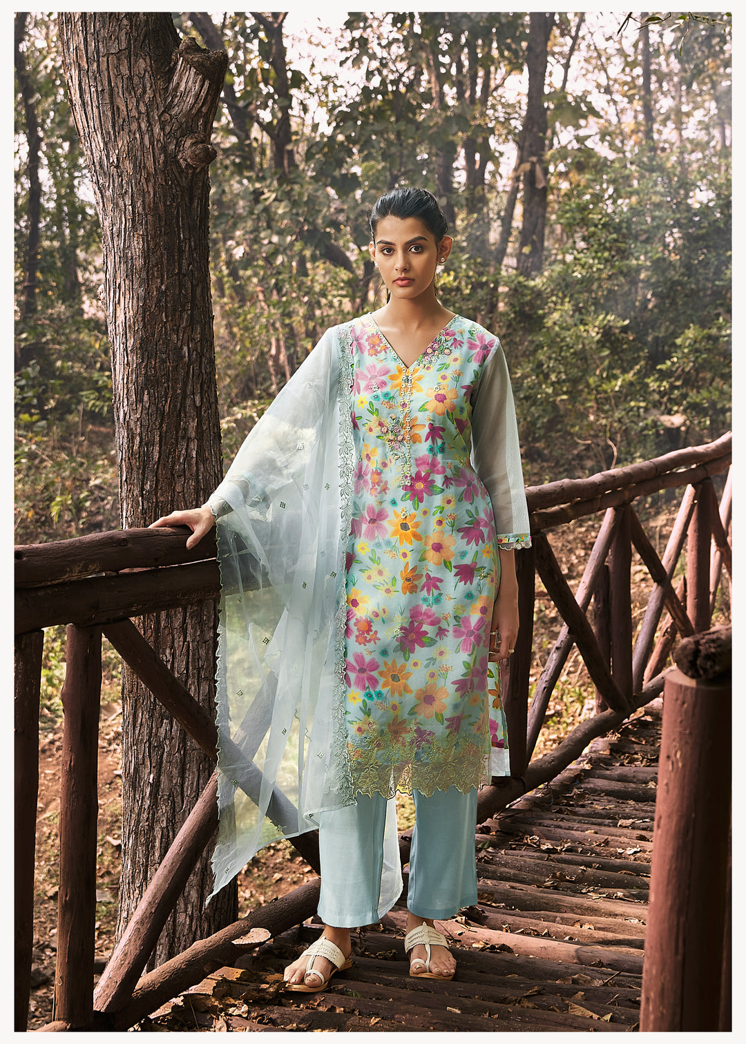 womens Pista Green Viscous Muslin::Organza Kurta, Pant & Dupatta Set