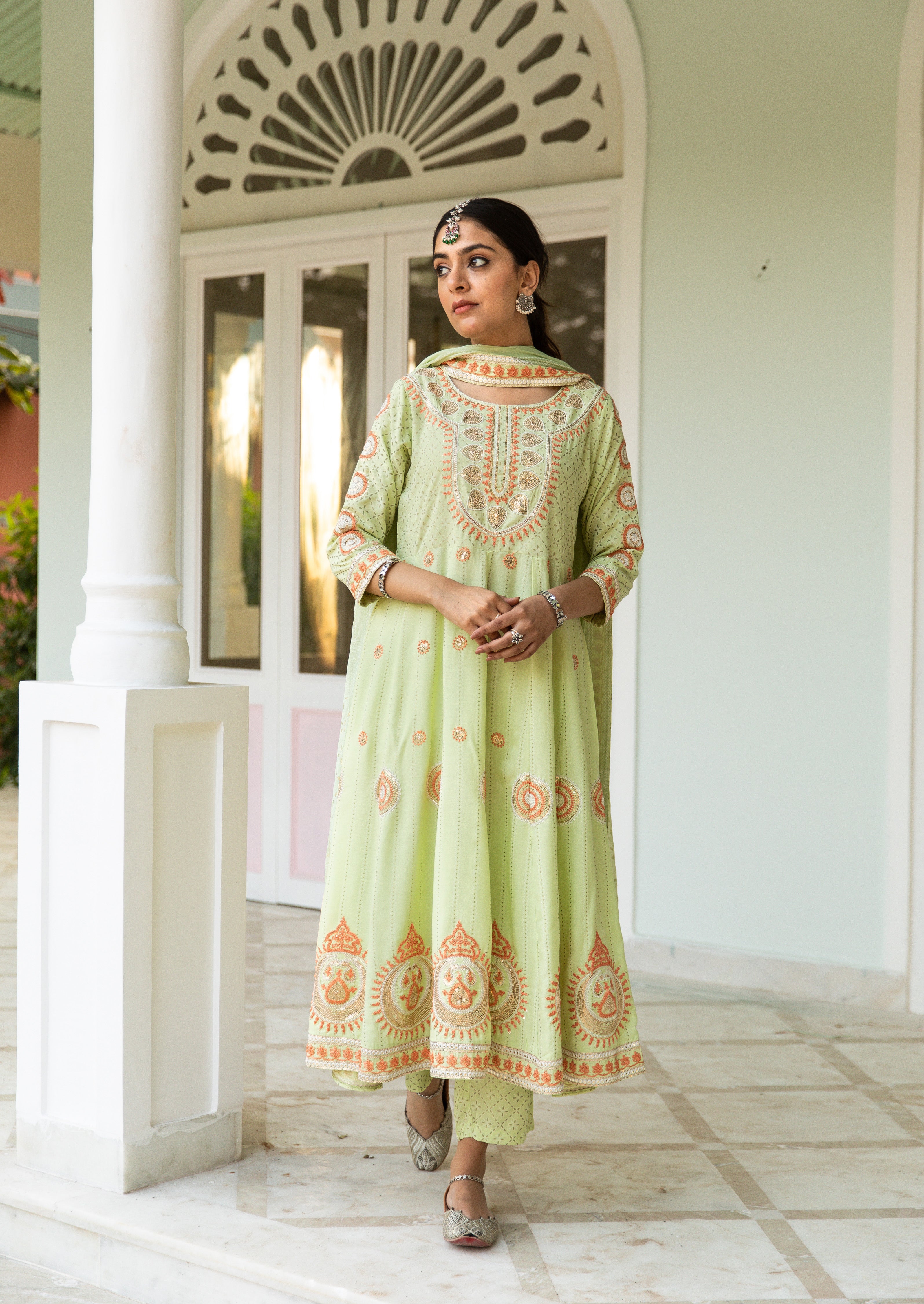 W Women Green & Golden Printed Kurta & Trousers With Ethnic Jacket -  Absolutely Desi