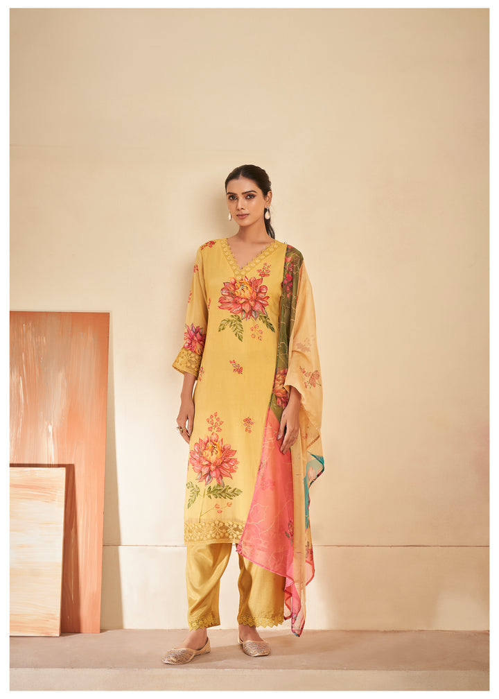 womens Yellow Organza Kurta, Pant & Dupatta Set