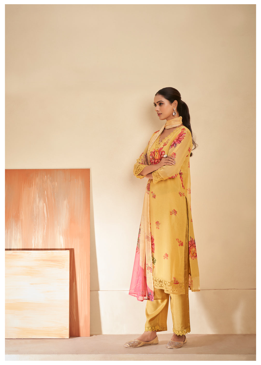 womens Yellow Organza Kurta, Pant & Dupatta Set