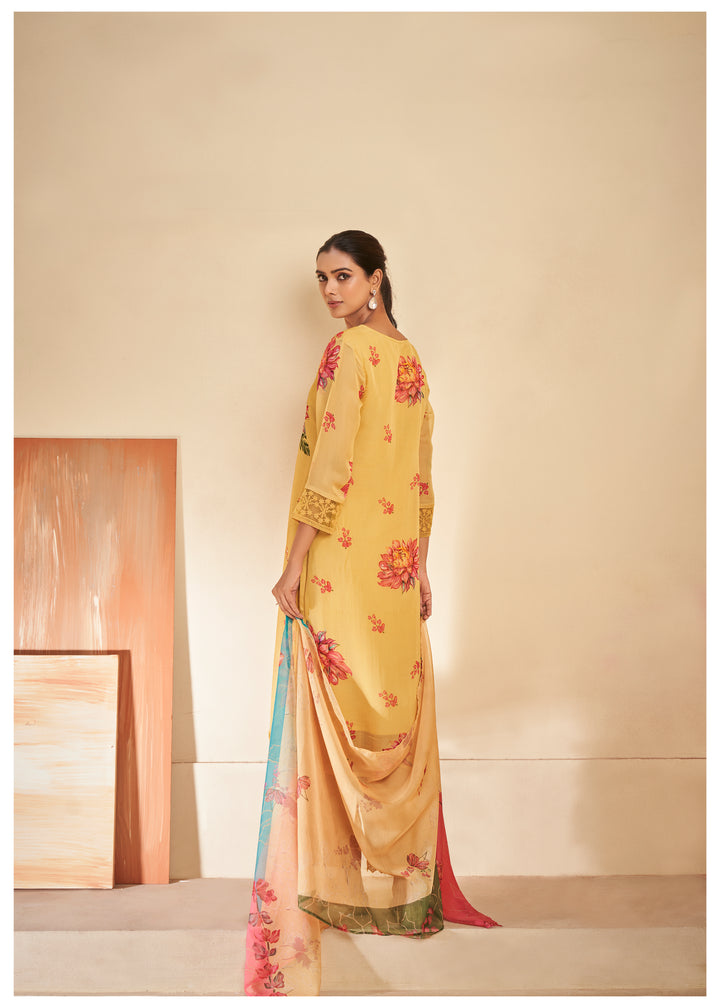 womens Yellow Organza Kurta, Pant & Dupatta Set