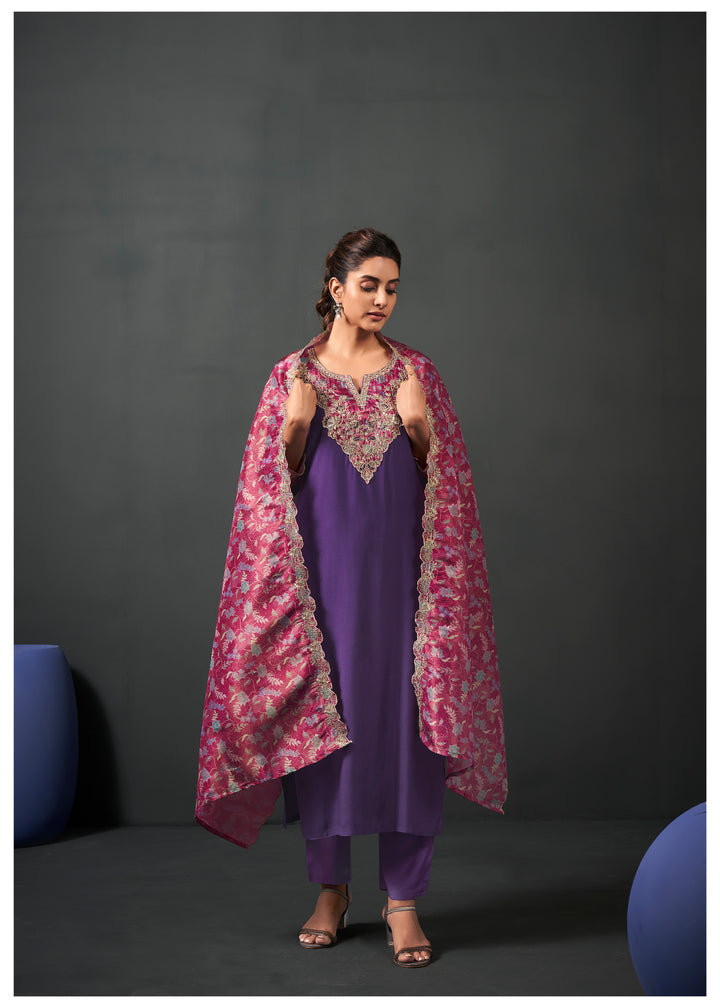 womens Purple Rayon Kurta, Pant & Dupatta Set