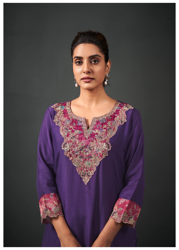 womens Purple Rayon Kurta, Pant & Dupatta Set