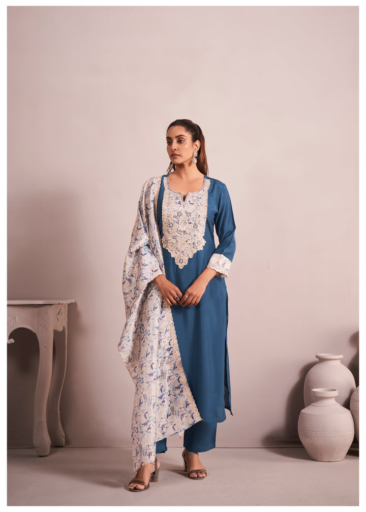 womens Blue Rayon Kurta, Pant & Dupatta Set