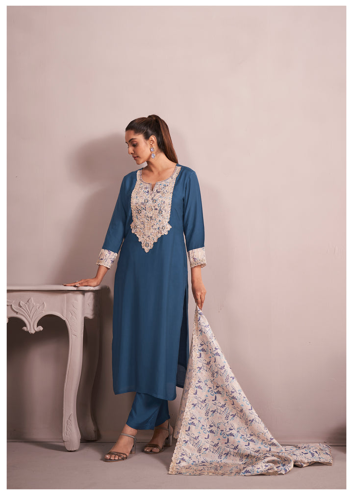 womens Blue Rayon Kurta, Pant & Dupatta Set