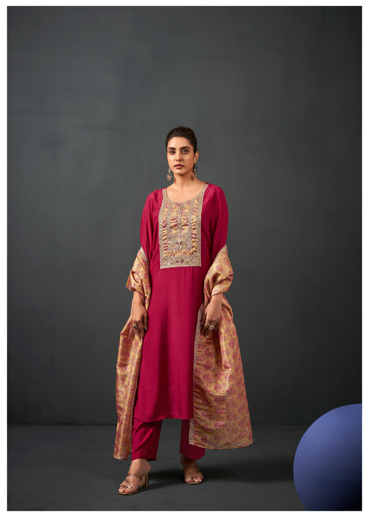 womens Maroon Rayon Kurta, Pant & Dupatta Set