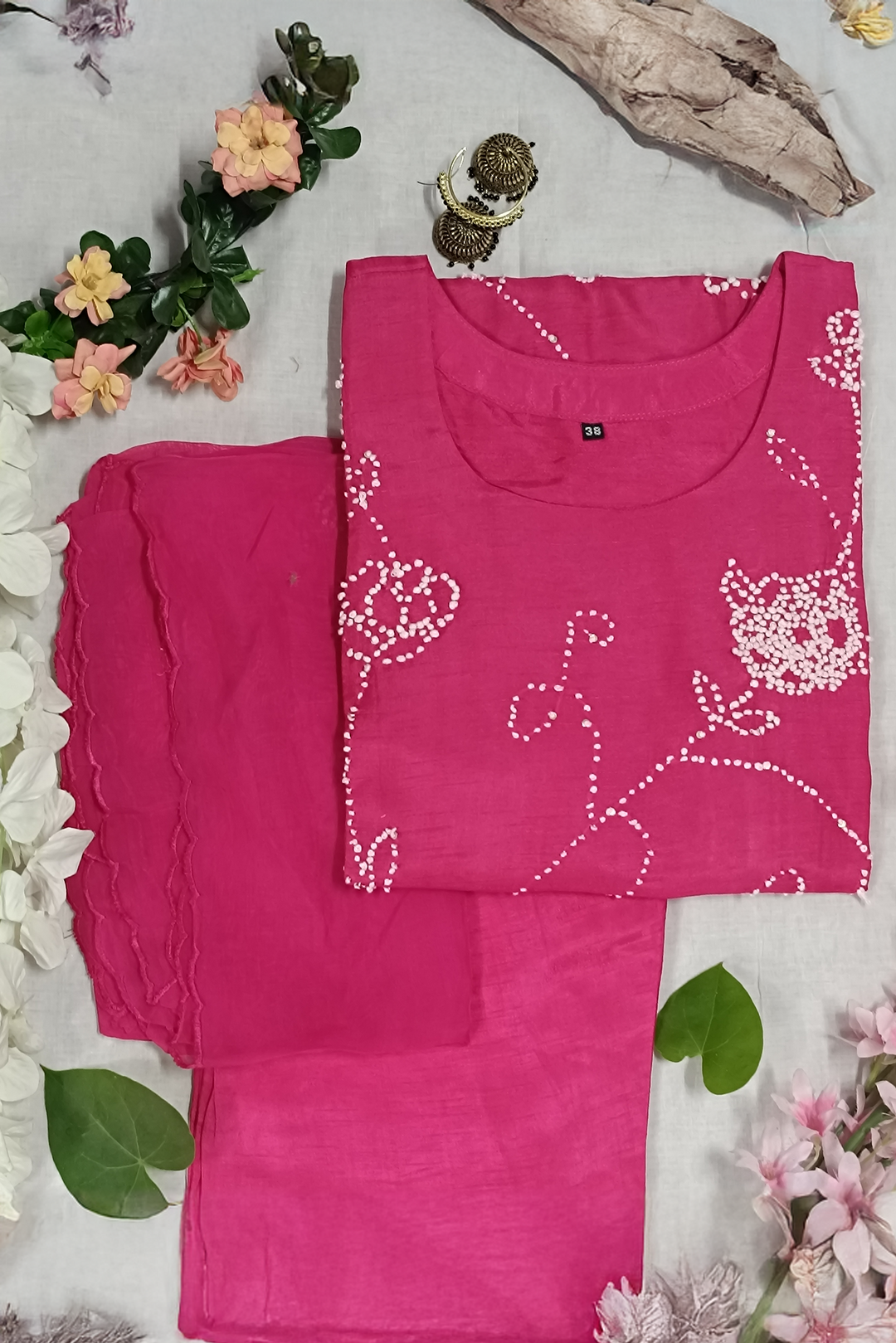 Women's Pink Pure Dola Kurta, Pant & Dupatta Set