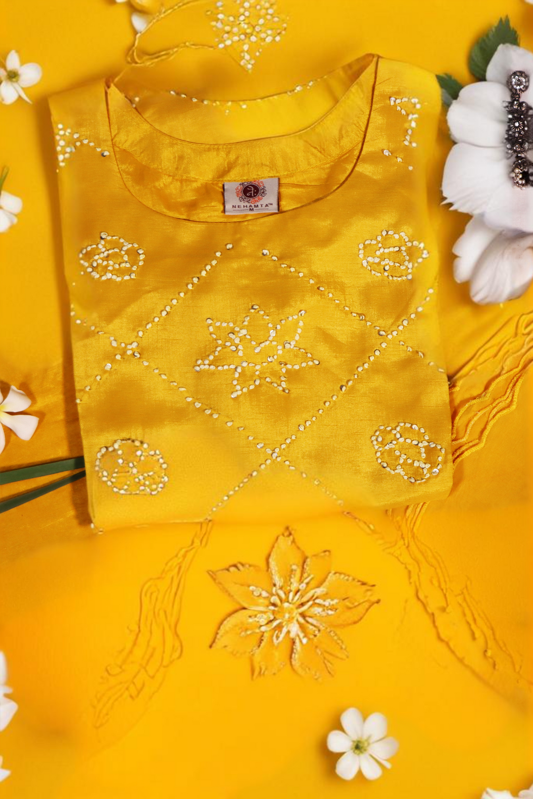 Women's Yellow Pure Dola Kurta, Pant & Dupatta Set