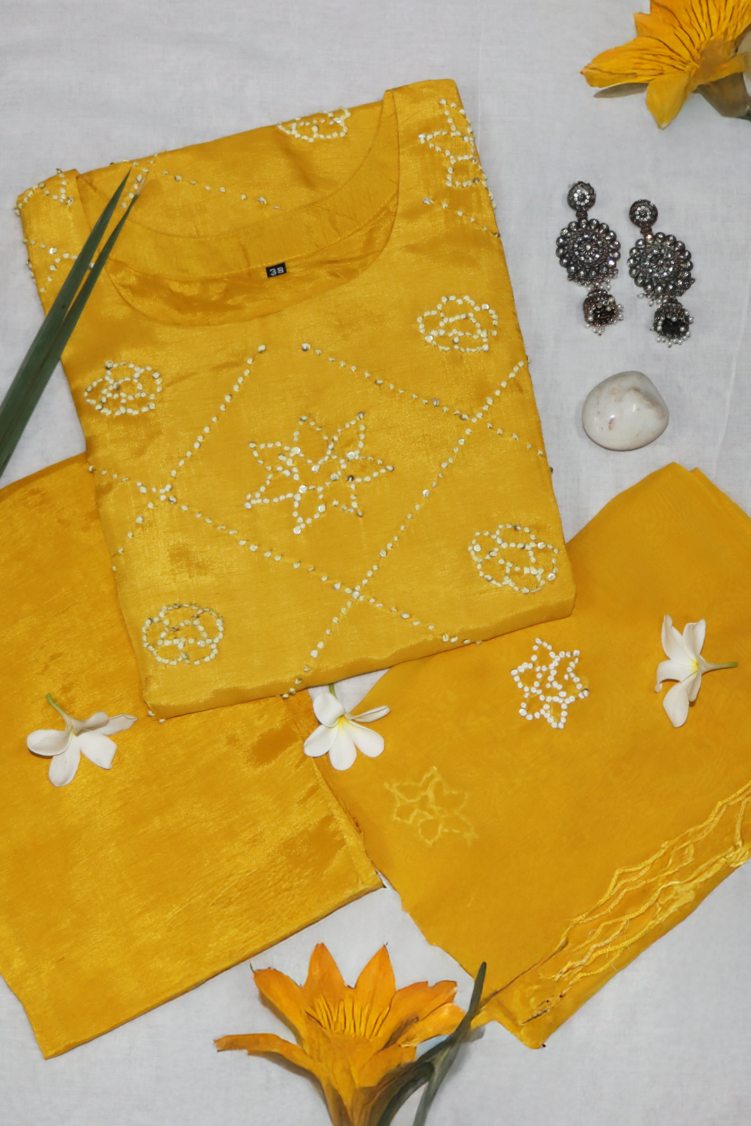 Women's Yellow Pure Dola Kurta, Pant & Dupatta Set