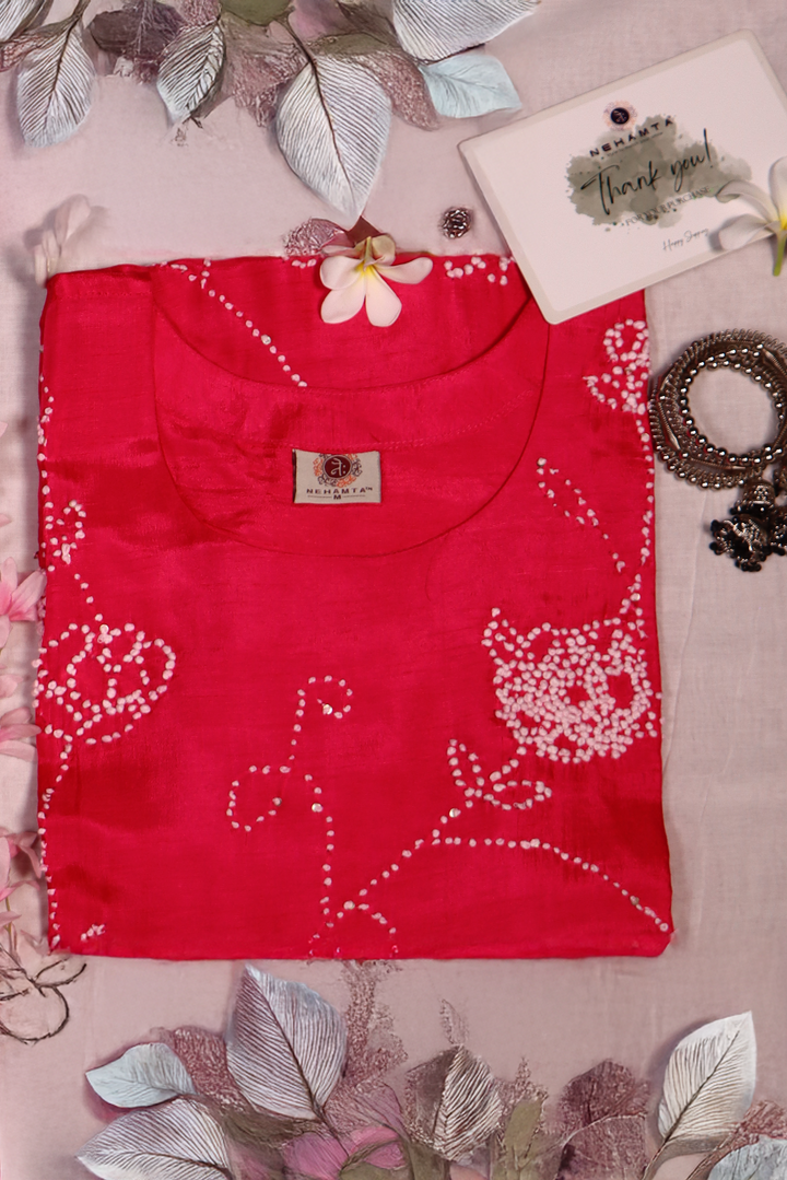 Women's Red Pure Dola Kurta, Pant & Dupatta Set