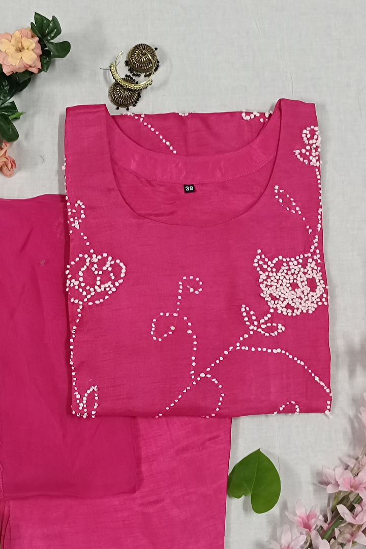 Women's Pink Pure Dola Kurta, Pant & Dupatta Set