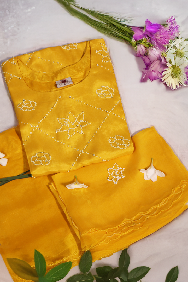 Women's Yellow Pure Dola Kurta, Pant & Dupatta Set