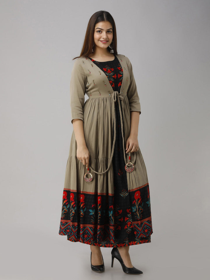 Rayon Straight Women's Kurta with Brown Cotton Flared Jacket