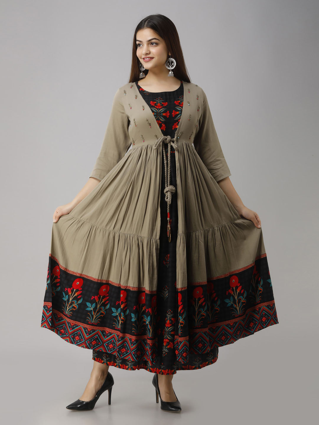 Rayon Straight Women's Kurta with Brown Cotton Flared Jacket