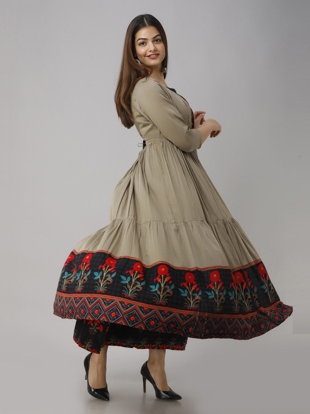 Rayon Straight Women's Kurta with Brown Cotton Flared Jacket