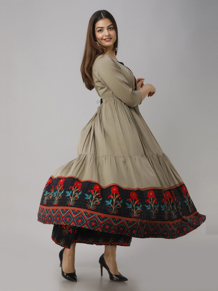 Rayon Straight Women's Kurta with Brown Cotton Flared Jacket