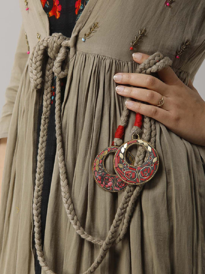 Rayon Straight Women's Kurta with Brown Cotton Flared Jacket