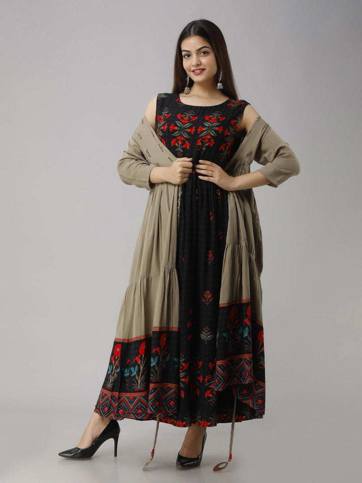 Rayon Straight Women's Kurta with Brown Cotton Flared Jacket