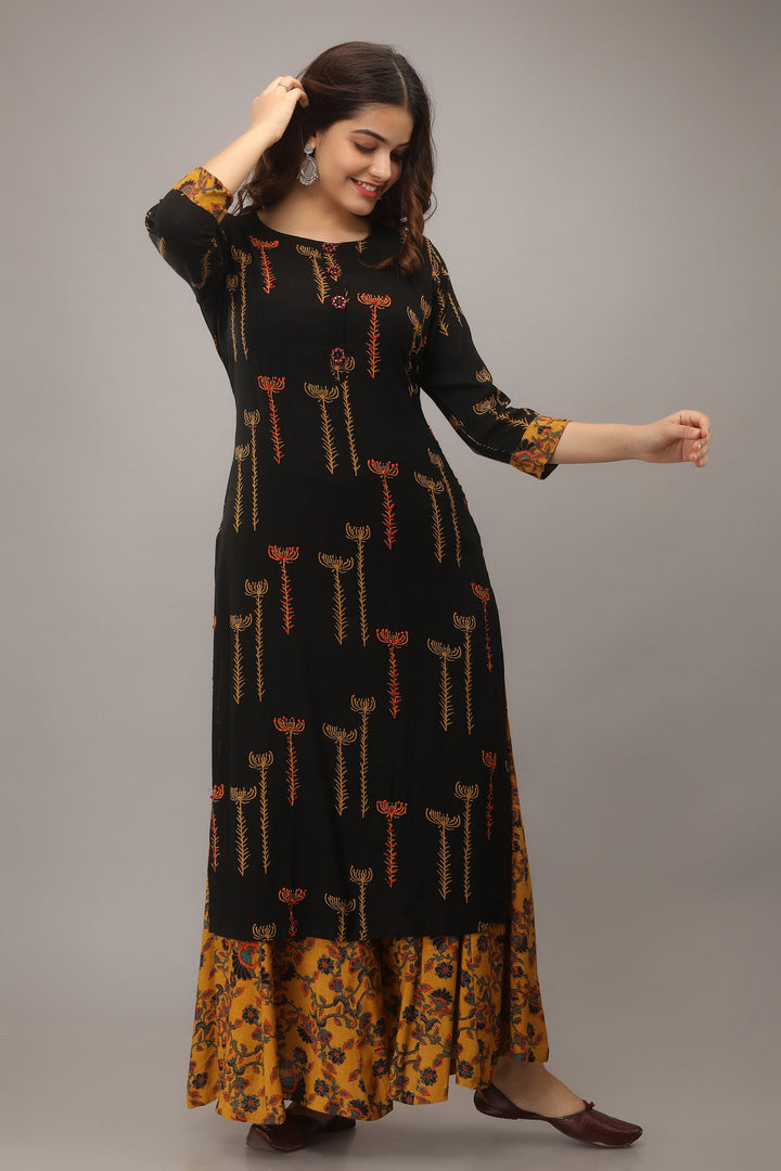 Women Black Rayon Slub Straight Ethnic Set