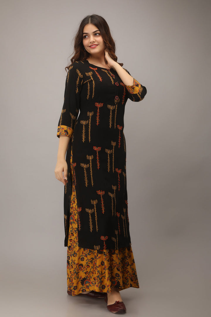 Women Black Rayon Slub Straight Ethnic Set