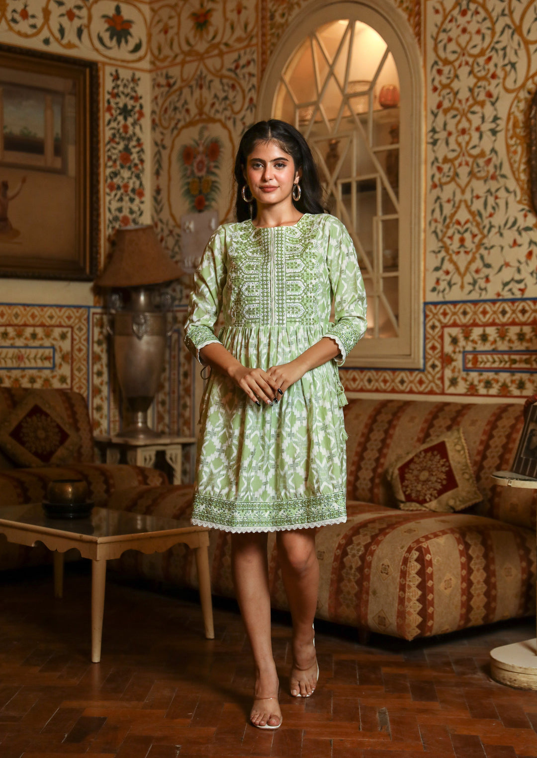 Women Pista Green Muslin Middy Tunic