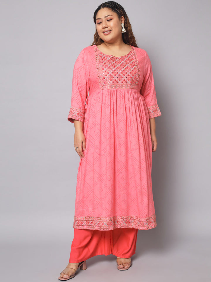 Women Bandhani Viscose Rayon A-line Kurta (Pink)