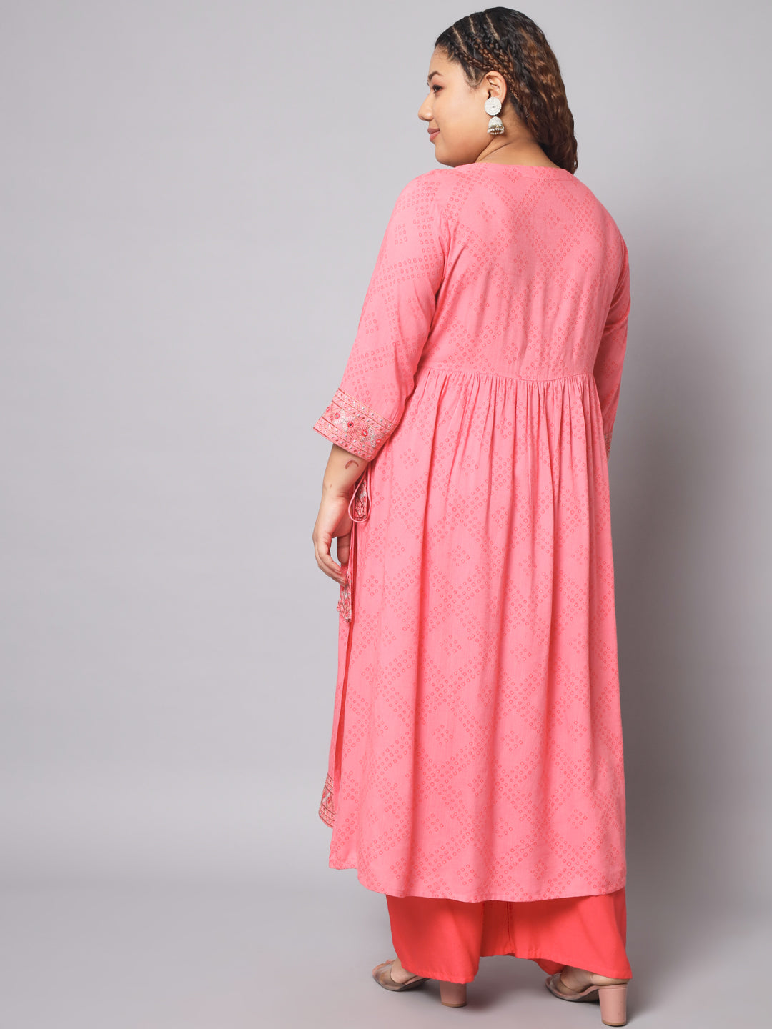 Women Bandhani Viscose Rayon A-line Kurta (Pink)