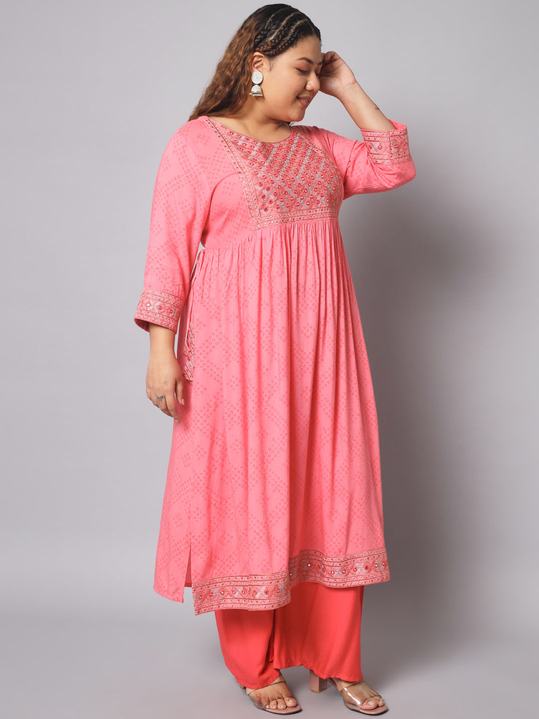Women Bandhani Viscose Rayon A-line Kurta (Pink)