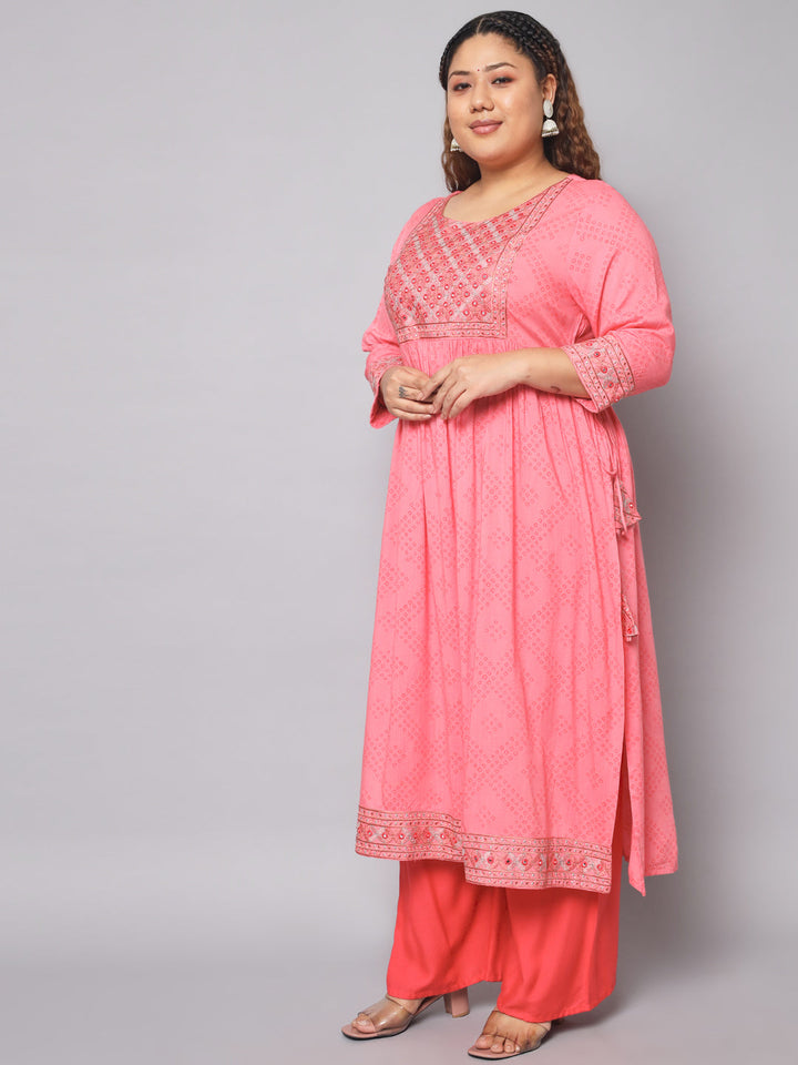 Women Bandhani Viscose Rayon A-line Kurta (Pink)