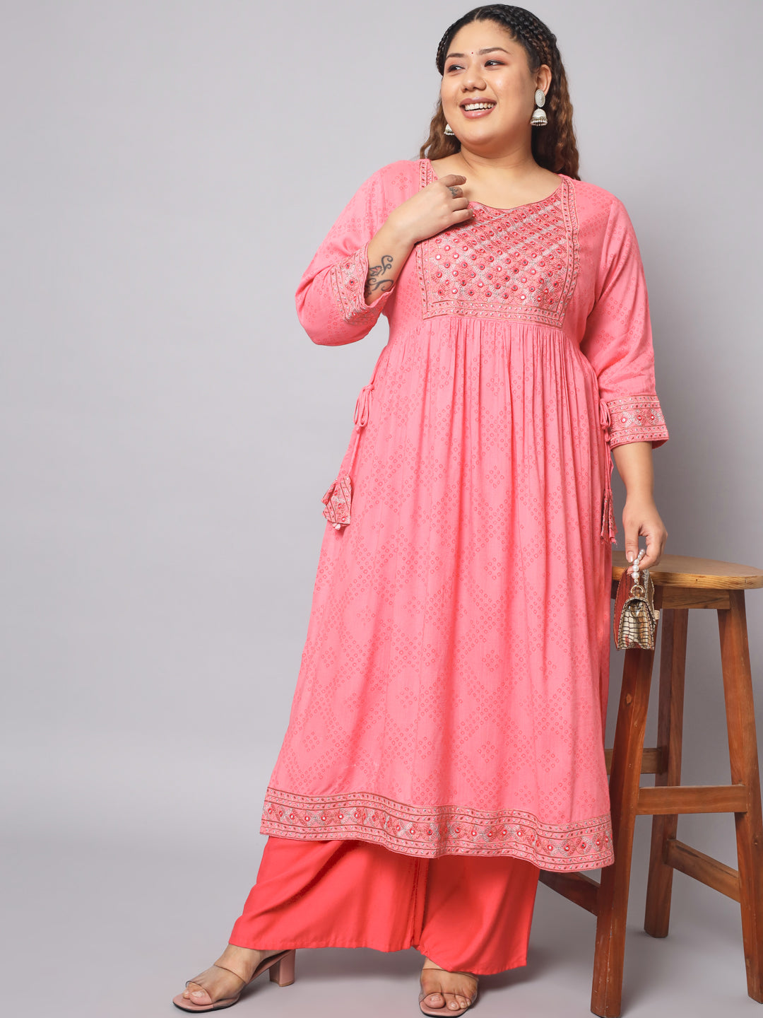 Women Bandhani Viscose Rayon A-line Kurta (Pink)