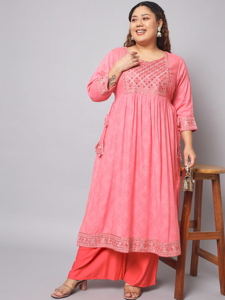 Women Bandhani Viscose Rayon A-line Kurta (Pink)