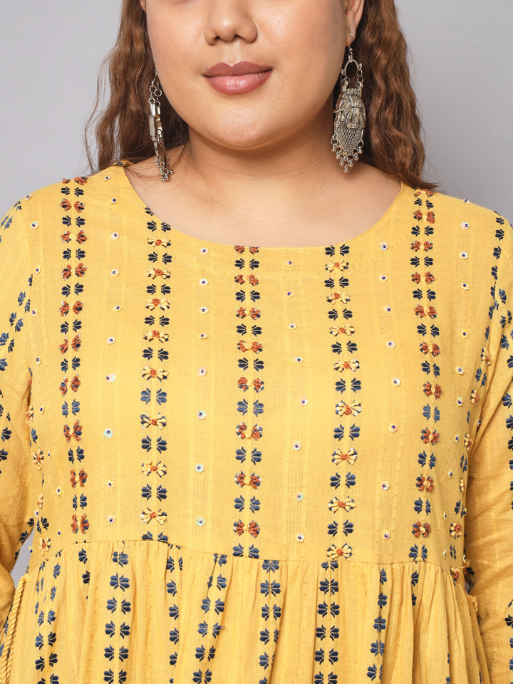 Women Woven Design Cotton Blend A-line Kurta (Yellow)