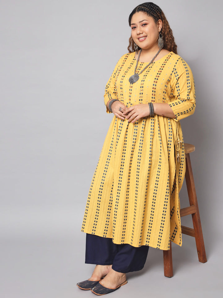 Women Woven Design Cotton Blend A-line Kurta (Yellow)