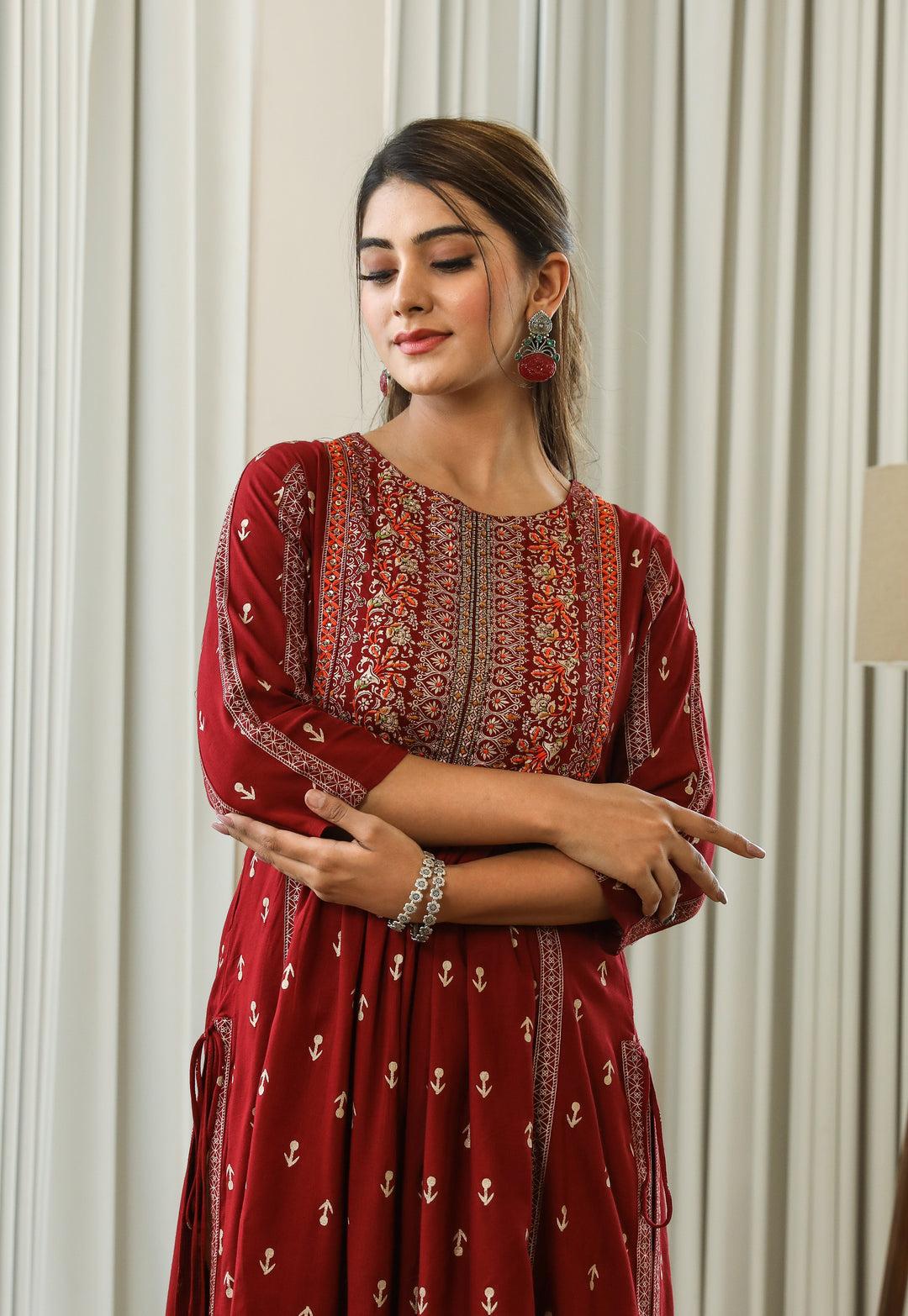 Women Maroon Rayon Slub Nyara Cut A-Line Kurta